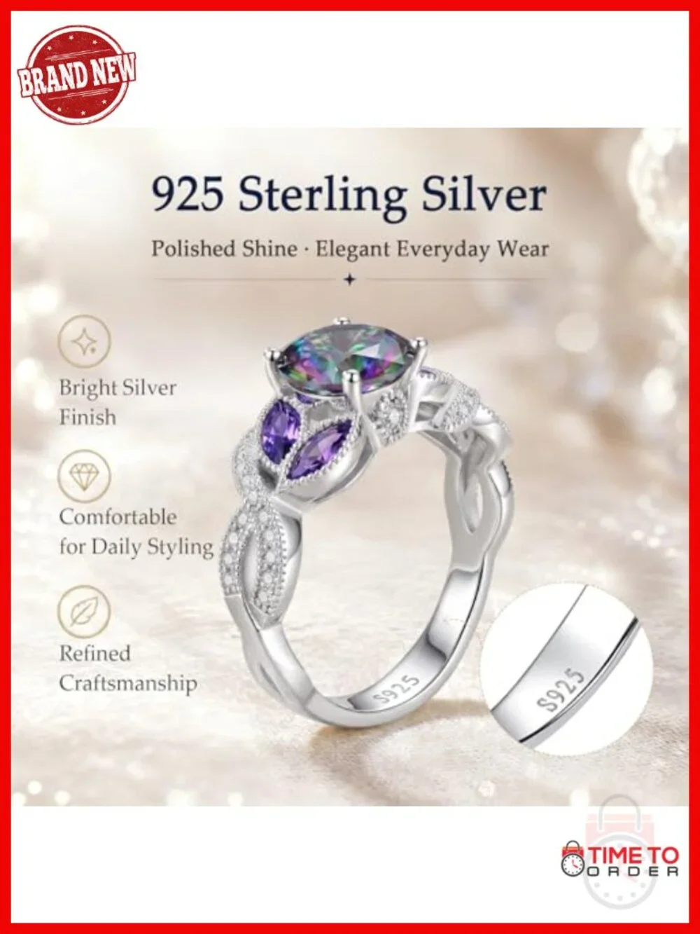 3.6ct 925 Sterling Silver Created Rainbow Topaz Amethyst Ring Bezel Setting